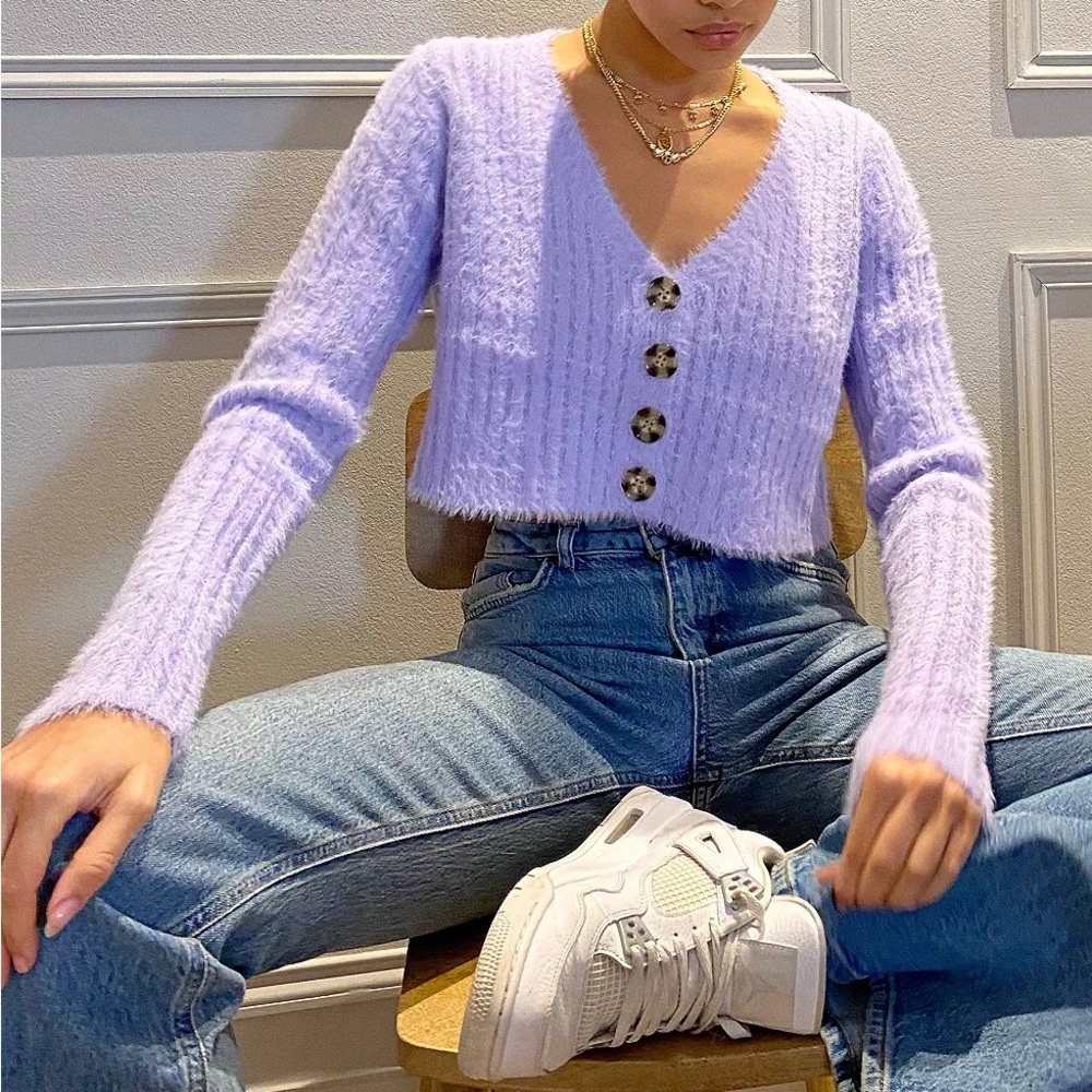 UO Rochelle Fuzzy Lilac Cropped Cardigan